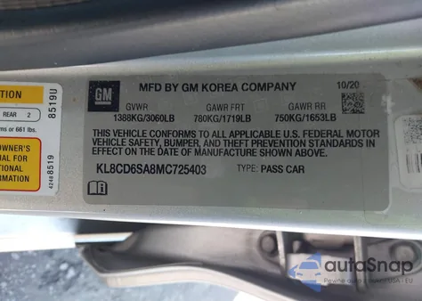 2021 Chevrolet Spark Fwd 1Lt Automatic из США, поврежденный, VIN KL8CD6SA8MC725403